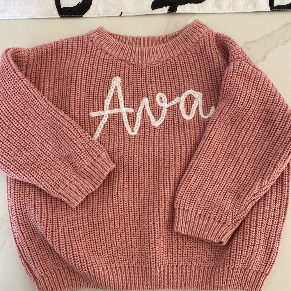 Ava name Pink Knit Sweater with White Embroidery